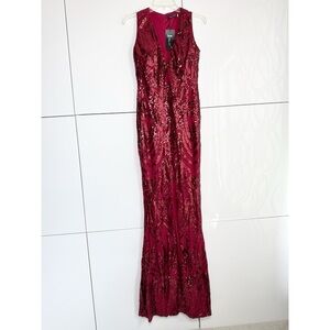 Miss Ord Red Sequin Formal Gown Size XL Full Length Front Slit Prom Wedding NWT